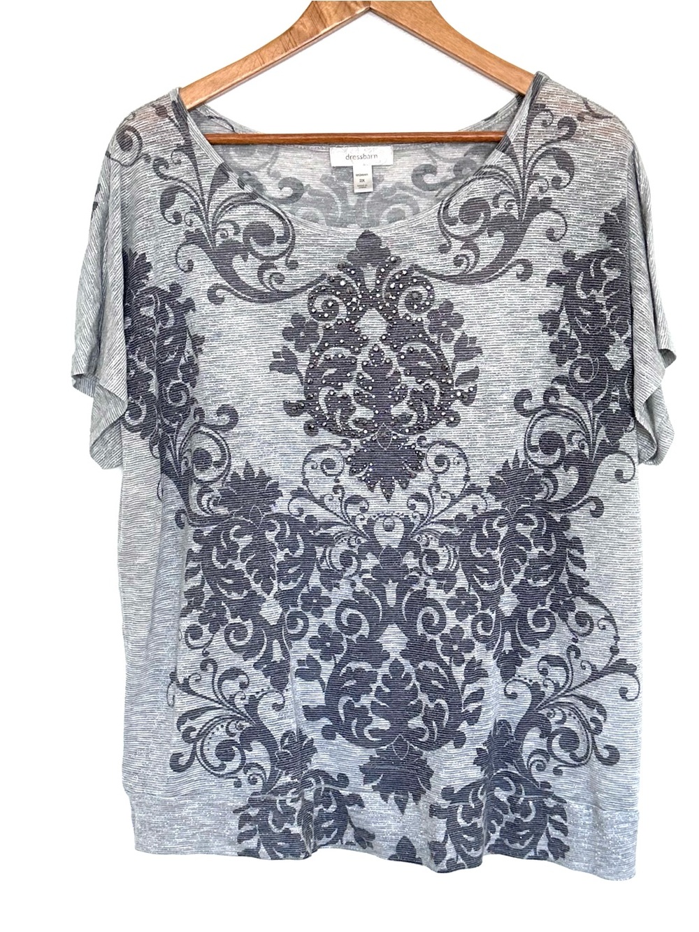 Dressbarn Plus Shirt Women’s 2X Gray Damask Short Sleeve Embellished Sheer Top